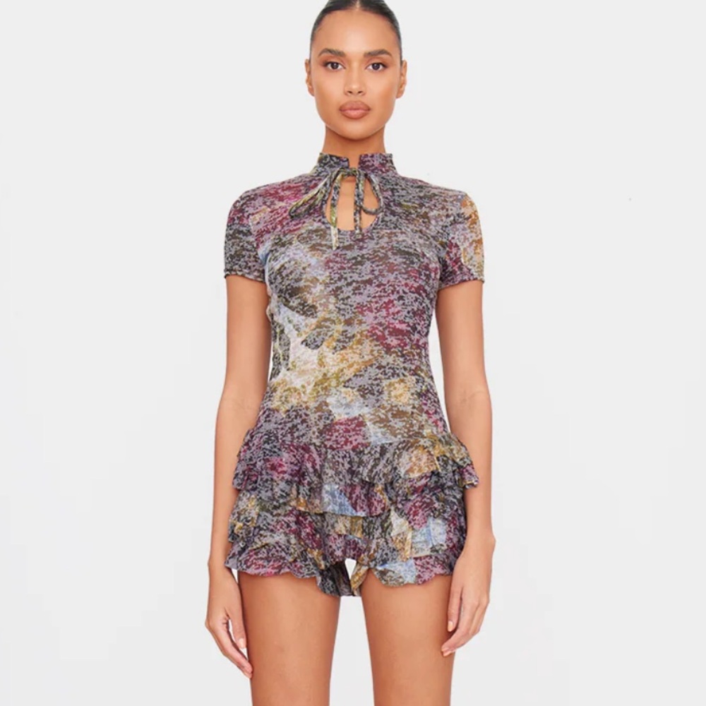 PrettyLittleThing Dark Plum Print Skort Playsuit